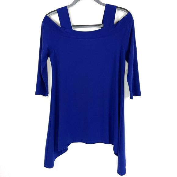 Clara Sun Woo Top Small Cold Shoulder Tunic Royal Blue Shark Bite Hem 3/4 Sleeve - Picture 2 of 4